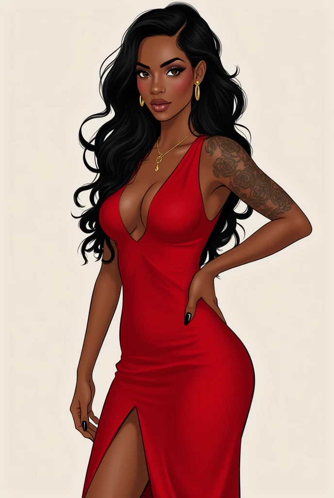 Black Female 5 feet 11 inches Caramel Skin BBW with Long Black Wet and Wavy Hair with a side part tattoo of roses on left forearm with hazel eyes wearing a red maxi dress with clear sandals long lashes medium coffin shape nails that are black a brown and white big butt slim waist 