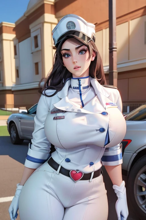 (best quality), (masterpiece), 1 girl, early 20's, big breasts, busty, perky breasts, thick, thick lips, wide hips, thin waist, abigail shapiro, black hair, blue eyes, large breast, white military uniform, white uniform, hat, gloves,