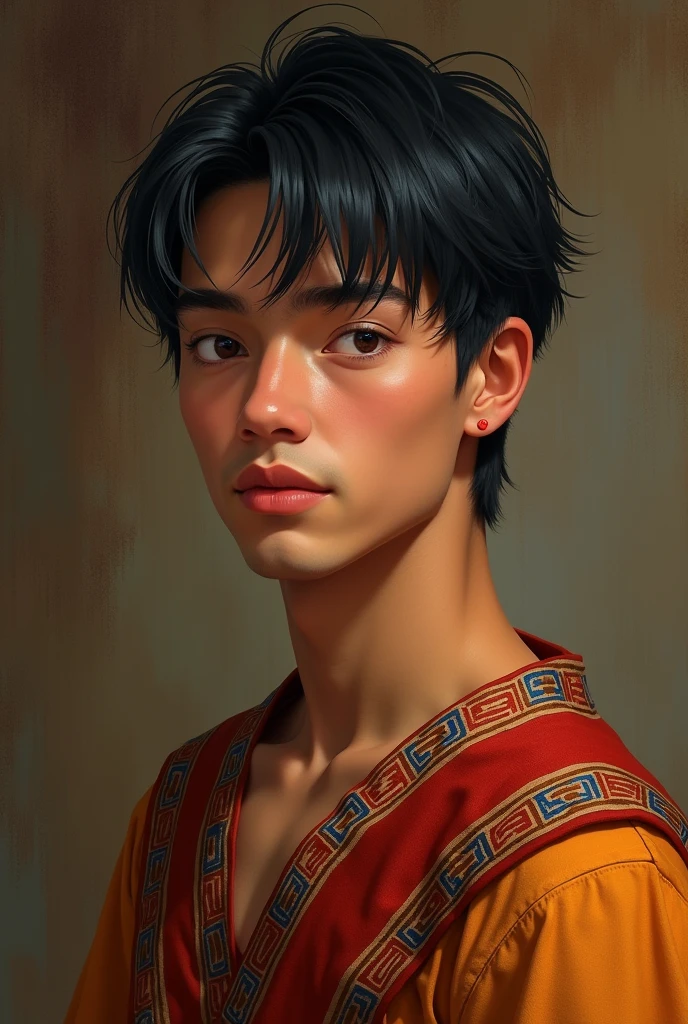 kor: age 25, Adult Height: 1,89 Physical constitution: Scrawny, but with defined muscles Skin color: light tan, with Spanish strokes, smooth skin Eyes: black eyes, expressive and captivating Hair: black hair, straight and short of the 20th century. 
fleshy and red mouth, beautiful smile.
indigenous clothing. Corpo inteiro
Masterpiece, 8k, painting-like, photo by full body, handsome man.