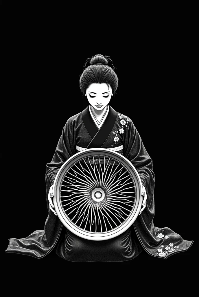 A drawing drawn with only a white pen on a black background. Only black and white, no grey. A woman in a kimono holding a car wheel in her hand. The wheel is a deep mesh rim. Sitting