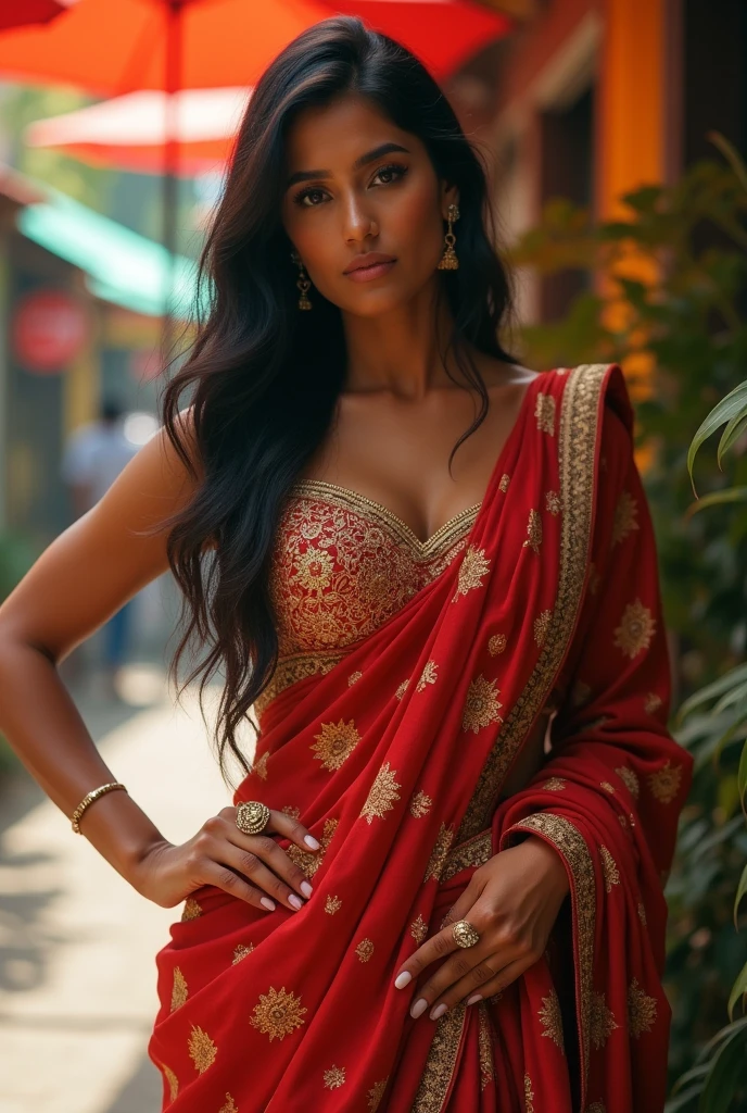 A beautiful curvy indian woman with big boobs wearing modern saree