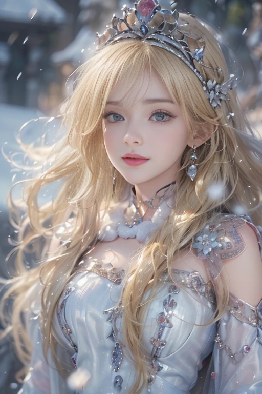 (Realistic:1.8, Highest quality:1.8,8K masterpiece:1.8,High resolution,The pieces fly:1.8),A 23-year-old woman standing on a Snow Mountain,Fantasy,(Transparent Dress Skirt,Transparent Shawl、Elegant earrings、choker), Beautiful and exquisite blue eyes:1.7,double eyelid:1.6,Beautiful Skin:1.8, (Looking into the camera:1.2),(Photo from below:1.3),(Long Hair:1.2,Beautiful shiny blonde hair:1.5), Performance(Impish Smile:1.3,Blushing:1.3),(Mid-chest:1.3),stop temporarily(Seductive pose:1.5),background(Snow Scene:1.5,Snow Mountain:1.3,Fairyland Forest),(thin:1.2),(finely detailed perfect face),Normal hand:1.5,Normal finger:1:5,Normal feet:1.5,()