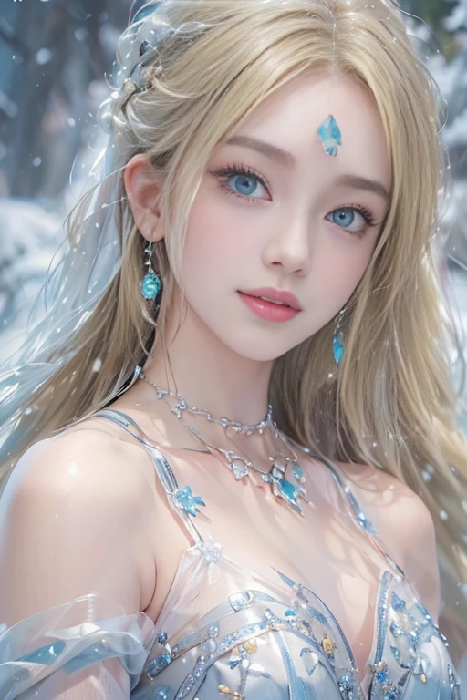 (Realistic:1.8, Highest quality:1.8,8K masterpiece:1.8,High resolution,The pieces fly:1.8),A 23-year-old woman standing on a Snow Mountain,Fantasy,(Transparent Dress Skirt,Transparent Shawl、Elegant earrings、choker), Beautiful and exquisite blue eyes:1.7,double eyelid:1.6,Beautiful Skin:1.8, (Looking into the camera:1.2),(Photo from below:1.3),(Long Hair:1.2,Beautiful shiny blonde hair:1.5), Performance(Impish Smile:1.3,Blushing:1.3),(Mid-chest:1.3),stop temporarily(Seductive pose:1.5),background(Snow Scene:1.5,Snow Mountain:1.3,Fairyland Forest),(thin:1.2),(finely detailed perfect face),Normal hand:1.5,Normal finger:1:5,Normal feet:1.5,(Camel Toe)