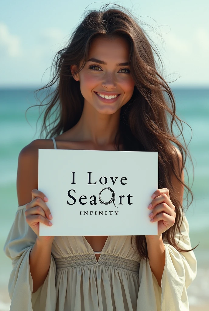 Beautiful girl with wavy long hair, bohemian dress, holding a white board with text "I Love Seaart Infinity" and showing it to the viewer