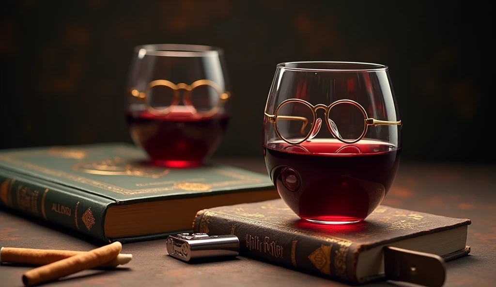 create an image for a cover with the phrase "Things I don't give a damn about" that has glasses like John Lennon's as a background, red wine, cigarettes, zippo lighter, Harry Potter book