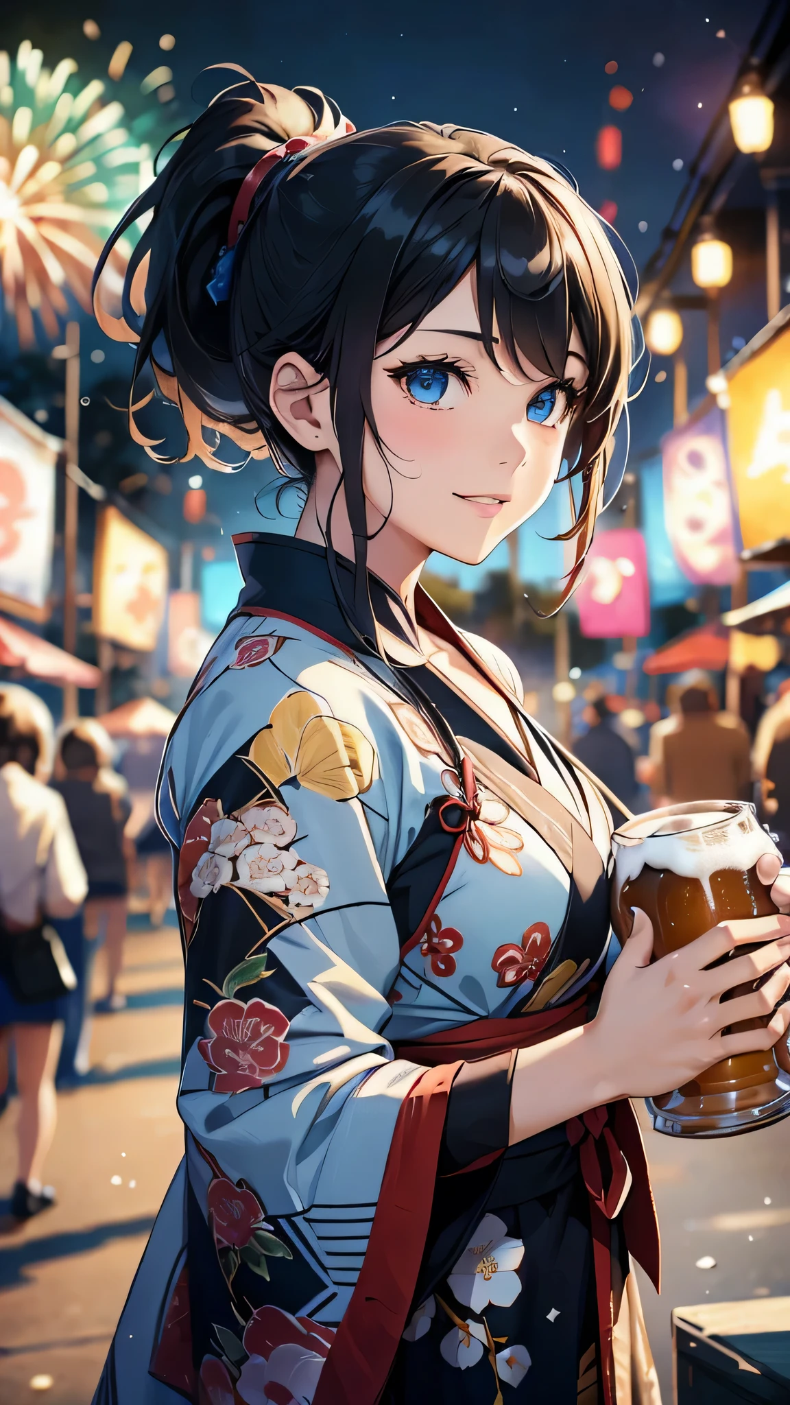 最high quality、Best image quality、masterpiece、With a girl((cute、20-year-old、Best Bust、Medium Bust、Beautiful Blue Eyes、Spread your chest wide,Black Hair、ponytail、Disheveled Hair、thin、Highest Valley、Red yukata、smile、Beer を持つ、Drunk))high quality、Beautiful art、background((night、festival、stall、Fireworks、Beer )),Tabletop、Exquisite design、Visual Arts、Written boundary depth、Best lighting、Highest detail、8k
