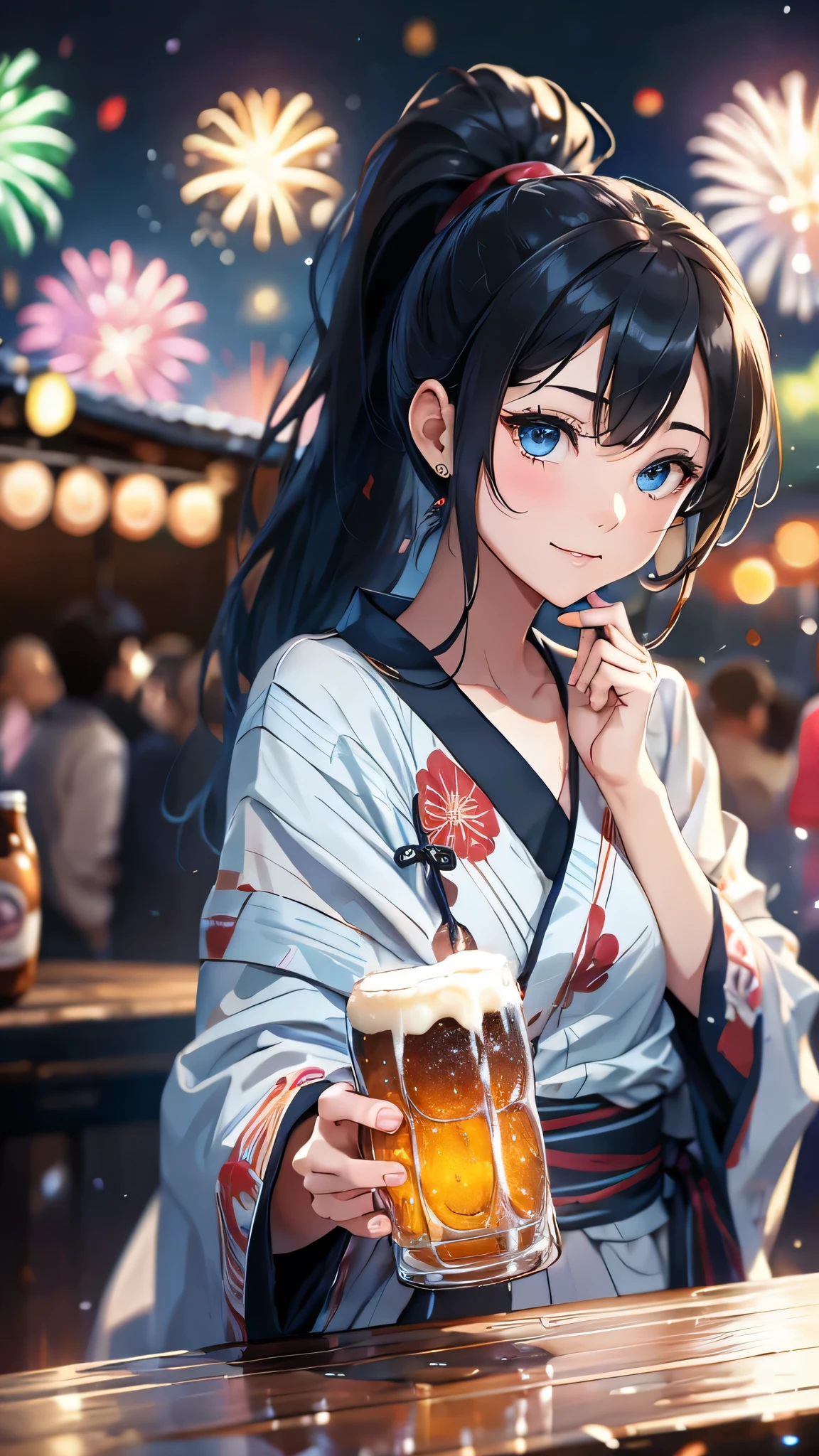 最high quality、Best image quality、masterpiece、With a girl((cute、20-year-old、Best Bust、Medium Bust、Beautiful Blue Eyes、Spread your chest wide,Black Hair、ponytail、Disheveled Hair、thin、Highest Valley、Red yukata、smile、Beer を持つ、Drunk)）high quality、Beautiful art、background((night、festival、stall、Fireworks、Beer )),Tabletop、Exquisite design、Visual Arts、Written boundary depth、Best lighting、Highest detail、8ｋ