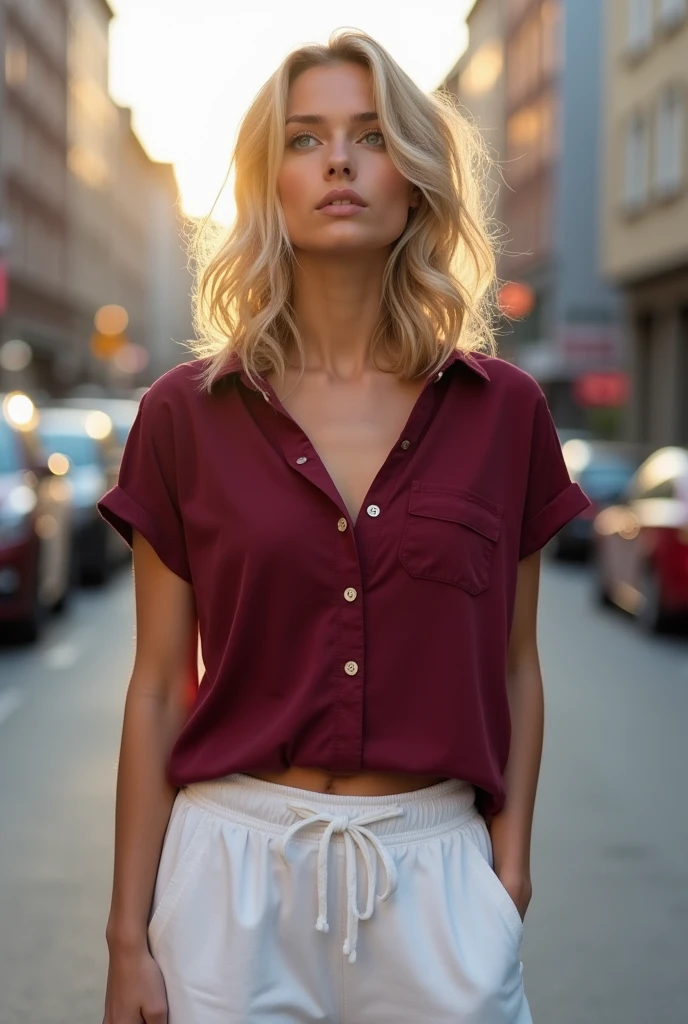 1 girl named Jocelyn, german, blonde, shy and hot, wearing white sweatpants that further shape the curves of her wide hips, and a Short Sleeve Baby Look Button-Up Blouse in Wine Color, that fits perfectly to the curves of your beautiful body, she is standing staring into space on a busy street, the sunlight reflects in her bright light brown eyes, the symmetry of your face is perfect and delicate, showing the deep details of your skin, Her beautiful medium-length blonde hair is slightly messy over her eyes by the wind., her body is perfect, with a thin waist and wide hips with perfect symmetry, thick thighs and big round ass, beautiful medium breasts, perfect hands with all perfect fingers, becoming an extremely beautiful woman, full body view, image ultra realistic, vibrant and clear, dynamic view with perfect symmetry,, high level of detail and definition, 1200 PPI - Photographic resolution with greater color realism, hyperrealisti, high fidelity, cinematic, 8K UHD image resolution.