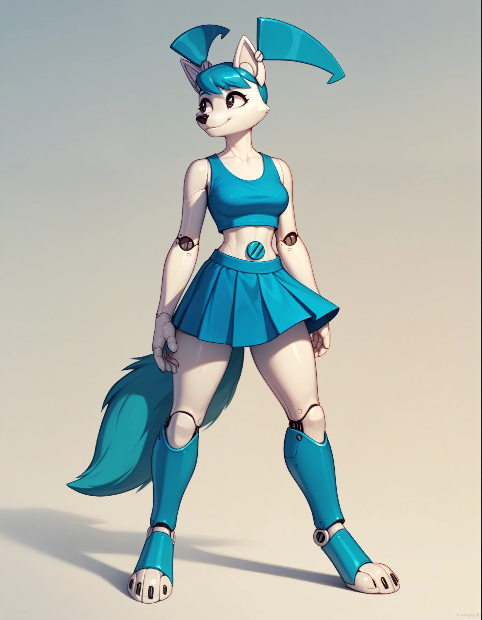 Solo, score_9,score_8_up,score_7_up, solo, Anthro, Jenny Wakeman from my life as a age robot, female, (she is an anthropomorphic wolf girl, wolf snout, black nose, wolf tail):1.3, android, metal blue pigtails, white wolf ears, synthetic white skin, android joints, synthetic hair, synthetic body, wearing latex blue crop top, blasted blue micro skirt, barefoot, feet paws, four toes, mechanical leg and feet joints. standing, eyes half open, smiling, looking away, 