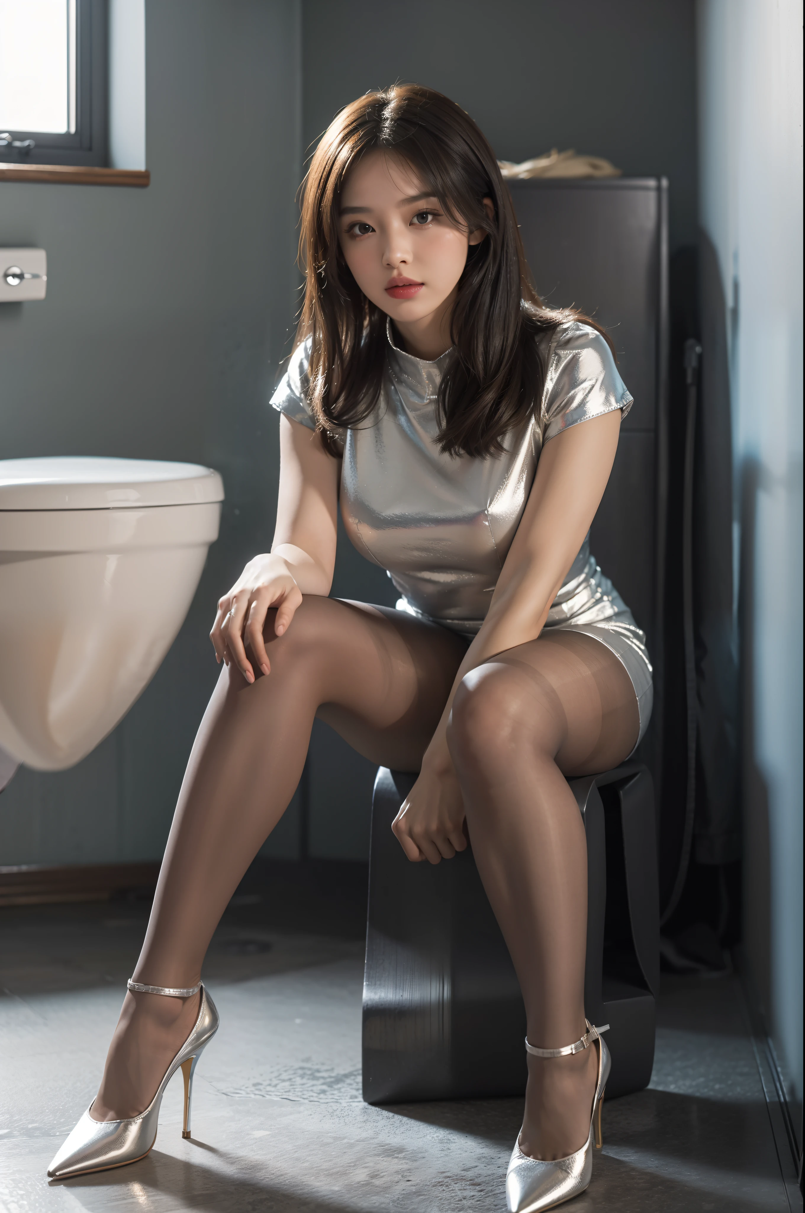 (tout le corps:1.5),(1fille:1.3),(voir le spectateur:1.4),(anatomie correcte:1.3),(Sitting in the toilet:1.2),(A silver high waisted dress :1.2),( Collants citron vert très épais:1.3),( pointed girl thick heels :1.1),(Precise and perfect face:1.3),hyper HD, Traçage de rayons, reflective light, structurellement correct, Reward, high details, lighten the contrast of shades, Facial lighting ,Cinematic lighting, head of'artwork, great details, high quality, high details, best quality, 16K,High contrast,