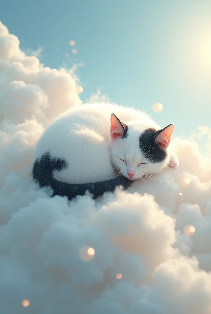 White cat with black spots sleeping on a cloud