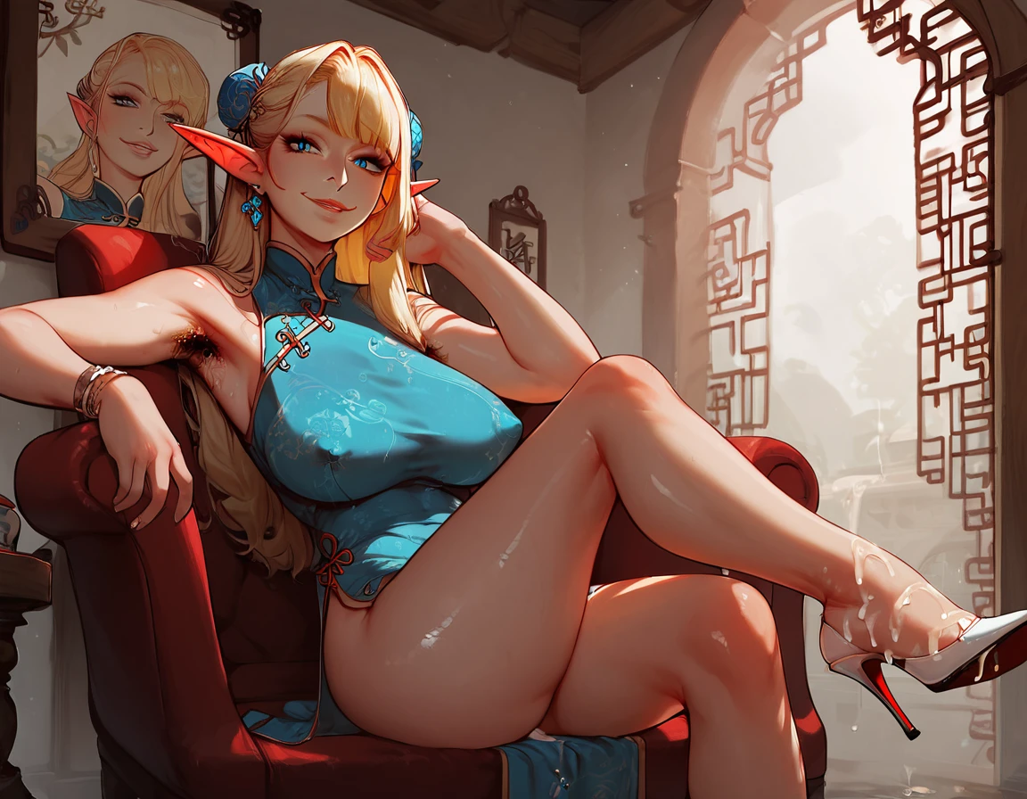 score_9, score_8_up, score_8_up, wet skin, large hanging breasts, pale skin, cute face, elf, pointy ears, blue eyes, (((vivid blonde hair))), ((bangs)), straight hair, long hair, cozy, indoors, , amazing eyes, seductive smile, , excessive armpit hair, very low light, negative_hand, , Expressiveh, 1girl, , shiny skin, armpit hair, hairy armpits, dress, embroidery, embroidered dress, jewelry, detailed background, high heels, heels, chinese dress, china dress, slit leg dress, chinese clothes, legs crossed, crossed legs, sitting on chair, sitting, dominant female, perfect face, solo, cum on feet, cum on lower body, cum, smug, arrogant, presenting foot, cum on high heels