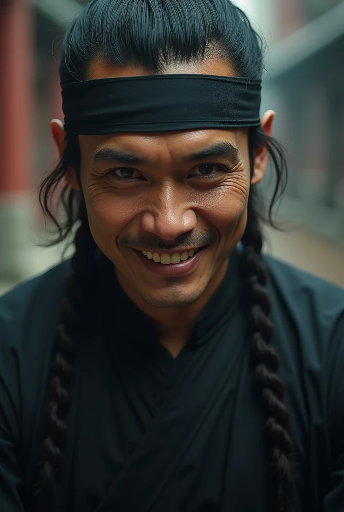 Pakistani character, Chinese male , wearing Kung Fu suite , close face , wearing eye band , clothe color black , realistic, 4 k , with devil smile