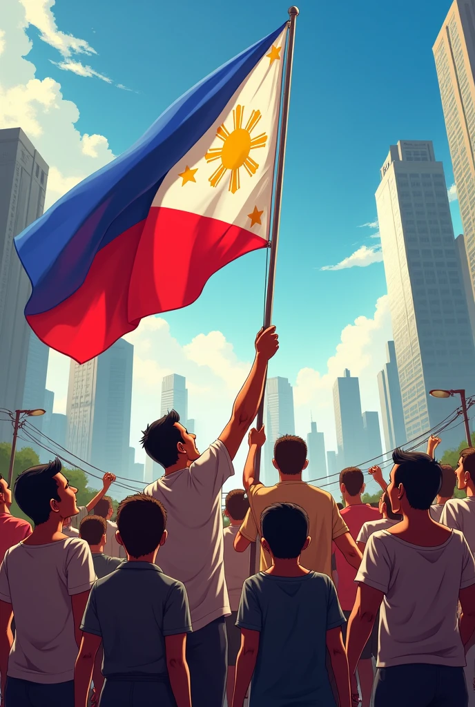 create an image people raising Philippines flag