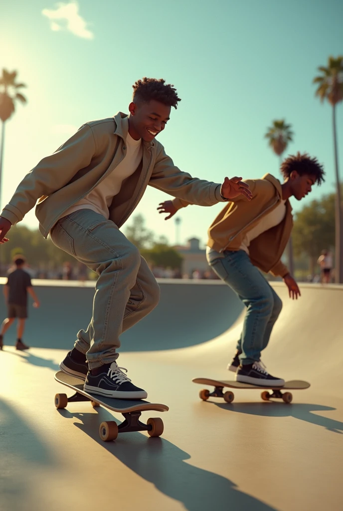 RAW, Best quality, high resolution, work: 1.3), skateboarders (iu:0.8),8K, Masterpiece, RAW photo, Best quality, detail:1.2),Photorealistic, Extremely detailed Cg Unity 8K wallpapers, Depth of field, Lens flare, Ray tracing Black teenagers having fun, skateboarding, and vibing together at a skatepark.
The atmosphere is lively and carefree, with close-up and wide shots capturing the energy and joy.