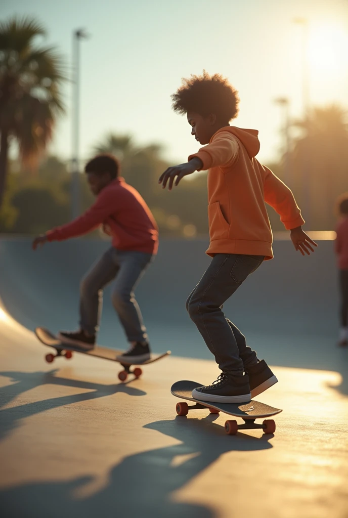 RAW, Best quality, high resolution, work: 1.3), skateboarders (iu:0.8),8K, Masterpiece, RAW photo, Best quality, detail:1.2),Photorealistic, Extremely detailed Cg Unity 8K wallpapers, Depth of field, Lens flare, Ray tracing Black agers having fun, skateboarding, and vibing together at a skatepark.
The atmosphere is lively and carefree, with close-up and wide shots capturing the energy and joy.