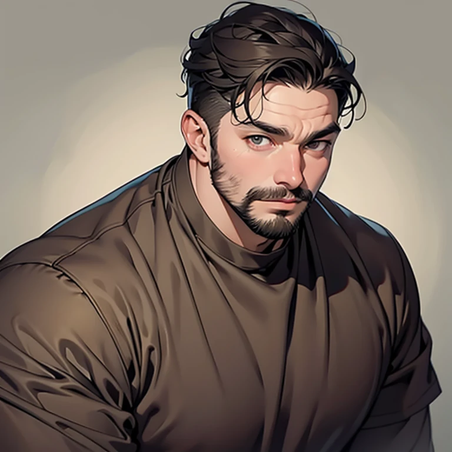 1man, solo, a drawing of a man, wild plump handsome man, (line drawing :1.2), head bowed slightly, head looking up, round face shape, 40 years old, perfect eyes, deep brown eyes, facial hair, crew cut hair, sleeve collar t-shirt, flat color background, diagonal view , face focus, upper body shot,