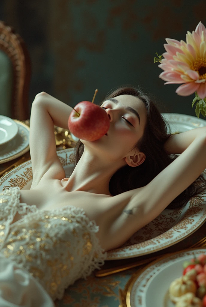 A woman with an apple in her mouth, lying on the table on a plate and being the main dish at a banquet