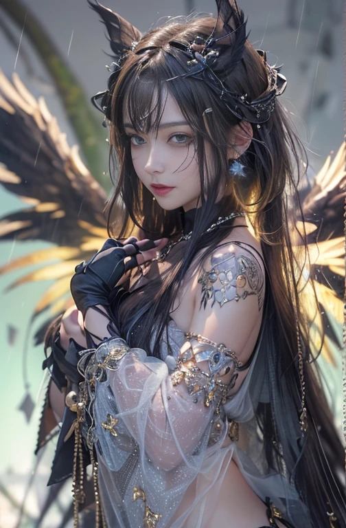(masterpiece:1.3), (8k, Realistic, RAW Photos, Best image quality: 1.4), Fair-skinned fairy woman、blow long hair、Hair blowing in the wind、Cleavage:2.0、Highly detailed face、Attention to detail、double eyelid、Chest to chest、Sharp focus:1.2、Beautiful woman:1.4、 Brunette Hair、Highest quality、masterpiece、Ultra-high resolution、(Realistic:1.4)、Highly detailed and professionally lit smiles, Gothic Costume、Dark Street ,Shoulder out、thin、Serious expression、Black Goth Fashion：1.2 , Short-haired、Deadly position, Gorgeous Necklace , One person、whole body, Giant black angel wings on the latissimus dorsi、Rainy , Yellow Eyes、both hands, Perfect Fingers.