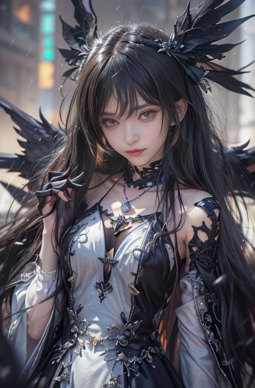 (masterpiece:1.3), (8k, Realistic, RAW Photos, Best image quality: 1.4), Fair-skinned fairy woman、blow long hair、Hair blowing in the wind、Cleavage:2.0、Highly detailed face、Attention to detail、double eyelid、Chest to chest、Sharp focus:1.2、Beautiful woman:1.4、 Brunette Hair、Highest quality、masterpiece、Ultra-high resolution、(Realistic:1.4)、Highly detailed and professionally lit smiles, Gothic Costume、Dark Street ,Shoulder out、thin、Serious expression、Black Goth Fashion:1.2 , Short-haired、Deadly position, Gorgeous Necklace , One person、whole body, Giant black angel wings on the latissimus dorsi、Rainy , Yellow Eyes、both hands, Perfect Fingers.
