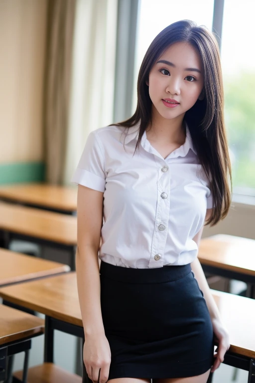 Close up,1 girl{{A beautiful girl wearing a white short-sleeved shirt and a black short A-line skirt}} stood in the classroom.  sexy poses  with several lecture tables set up behind it  There is a sliding glass window.  There was evening light streaming into the room.