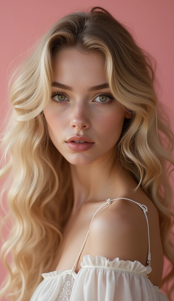 hyper-detailed frontal portrait of a pretty woman with blond long curly hair, art Greg Rutkowskicolor,Anna Dittman, Daniel F Gerhartz, Jean Baptiste Monge,pencil sketch, by Agnes Cecile, cute, vanilla-girl, beautiful princess big eyes, highly detailed face, digital art, impressionism, deep gaze, best composition, vintage aesthetic, simple pink studio background, soft, matte colors, photorealistic, front-viewing, looking into camera