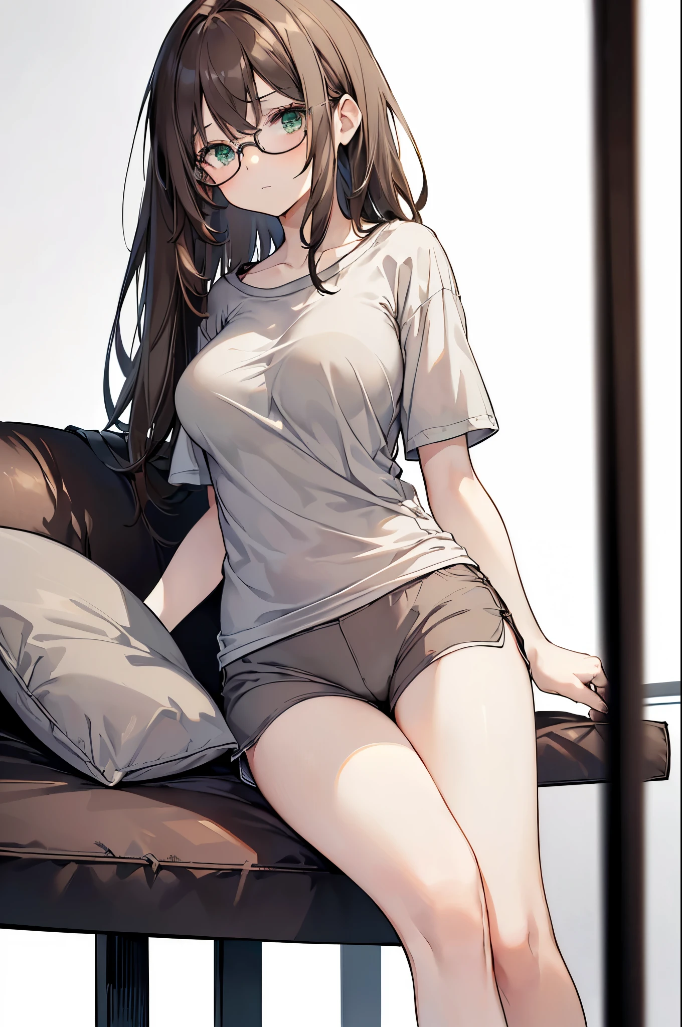 {{masterpiece}}, The best quality of life, 、((Dark brown long hair)) 、 Cute female, (Green Eyes)、Expressionless adult woman、((White background))、tall、One woman with good style、Large Breasts、(((A simple, plain grey short-sleeved T-shirt、Shorts、Loungewear)))、Thin glasses