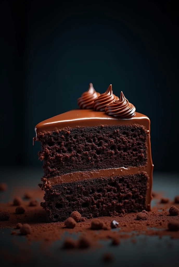 cinematic film still chocolate, chocolate cake, dark background, quality photo, moist texture, frosting, studio photo, slice . shallow depth of field, vignette, highly detailed, high budget, bokeh, cinemascope, moody, epic, gorgeous, film grain, grainy
