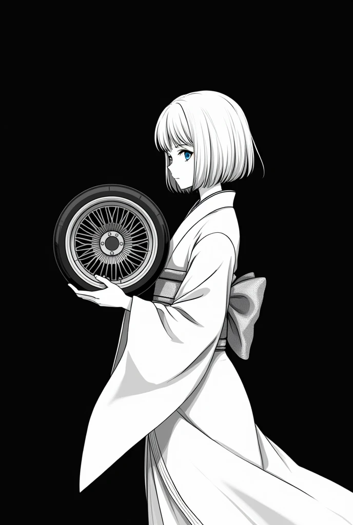 A drawing drawn with only a white pen on a black background. Only black and white, no grey. A woman in a kimono holding a single car wheel. Anime-like.
The hair length is bob and the wheels are mesh deep rims.