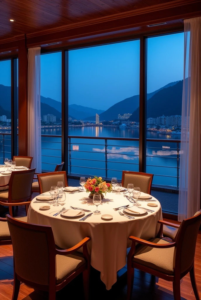 A large banquet hall on a cruise ship　Night view　Luxury Resort Hotel, Highly detailed landscape, Nice views, Shimizu,　 Relaxing lounge area, Impeccable service, Delicious cocktails, 海のNight viewビューを楽しめる高級レストラン, Quiet and tranquil atmosphere, romantic, Soft and warm ambient lighting, rich and vivid colors, Luxury and sophistication, Surreal，Highest quality