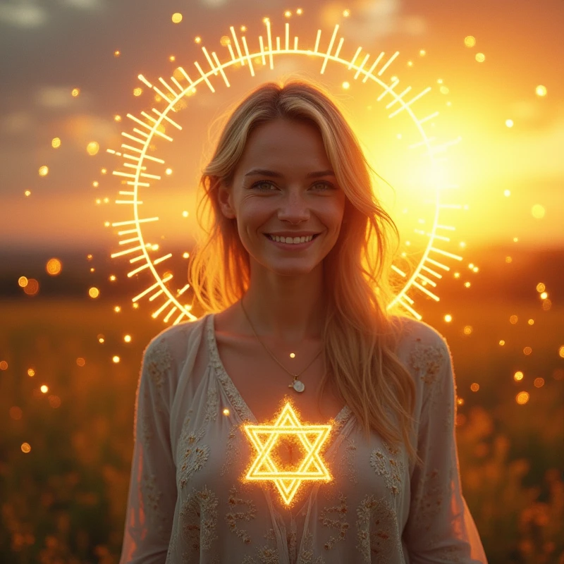 main image: a woman smiling, in a natural environment at sunrise or sunset, transmitting serenity and confidence.

Additional Elements:

Discreet Star of David in the lower corner, symbolizing kabbalistic numerology.
Graphic elements of golden lights radiating around the woman, suggesting enlightenment and new beginnings.
A small numerological chart or diagram next to the main image, to suggest map content.
This image should be engaging and catch the eye right away., leading the person to read the message with interest and motivation.