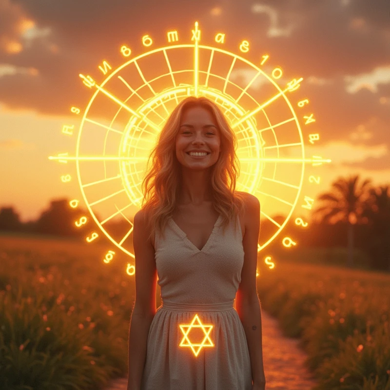 A modern and attractive visual art could be composed in the following way:

main image: a woman smiling, in a natural environment at sunrise or sunset, transmitting serenity and confidence.

Additional Elements:

Discreet Star of David in the lower corner, symbolizing kabbalistic numerology.
Graphic elements of golden lights radiating around the woman, suggesting enlightenment and new beginnings.
A small numerological chart or diagram next to the main image, to suggest map content.
This image should be engaging and catch the eye right away., leading the person to read the message with interest and motivation.