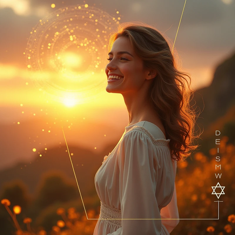 A modern and attractive visual art could be composed in the following way:
main image: a woman smiling, in a natural environment at sunrise or sunset, transmitting serenity and confidence.
Additional Elements:
Discreet Star of David in the lower corner, symbolizing kabbalistic numerology.
Graphic elements of golden lights radiating around the woman, suggesting enlightenment and new beginnings.
A small numerological chart or diagram next to the main image, to suggest map content.
This image should be engaging and catch the eye right away., leading the person to read the message with interest and motivation.