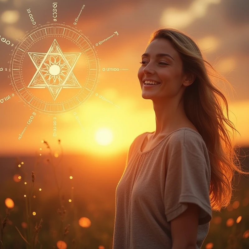 A modern and attractive visual art could be composed in the following way:

main image: a woman smiling, in a natural environment at sunrise or sunset, transmitting serenity and confidence.

Additional Elements:

Discreet Star of David in the lower corner, symbolizing kabbalistic numerology.
Graphic elements of golden lights radiating around the woman, suggesting enlightenment and new beginnings.
A small numerological chart or diagram next to the main image, to suggest map content.
This image should be engaging and catch the eye right away., leading the person to read the message with interest and motivation.