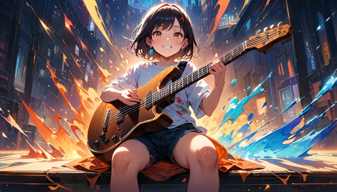(Highest quality,4K,8k,High resolution,masterpiece:1.2),Very detailed,Realistic,Transparent guitar sculpture,night,Sunlight reflecting off a guitar,Body Details,Delicate strings,Vibrant color palette,Sculpting Tools,Hourglass Shape,Sound hole,Elegant Curves,Polished surface,Delicate carving,Light and shadow effects,Subtle reflection,Sparkling Surface,A girl sitting on a chair,8 year old child、Harmony between nature and art,Perfect craftsmanship,Transcendental beauty,Awe-inspiring works of art、Outdoor、short hair、Earrings、White shirt、Great smile、City、In town、Shorts
