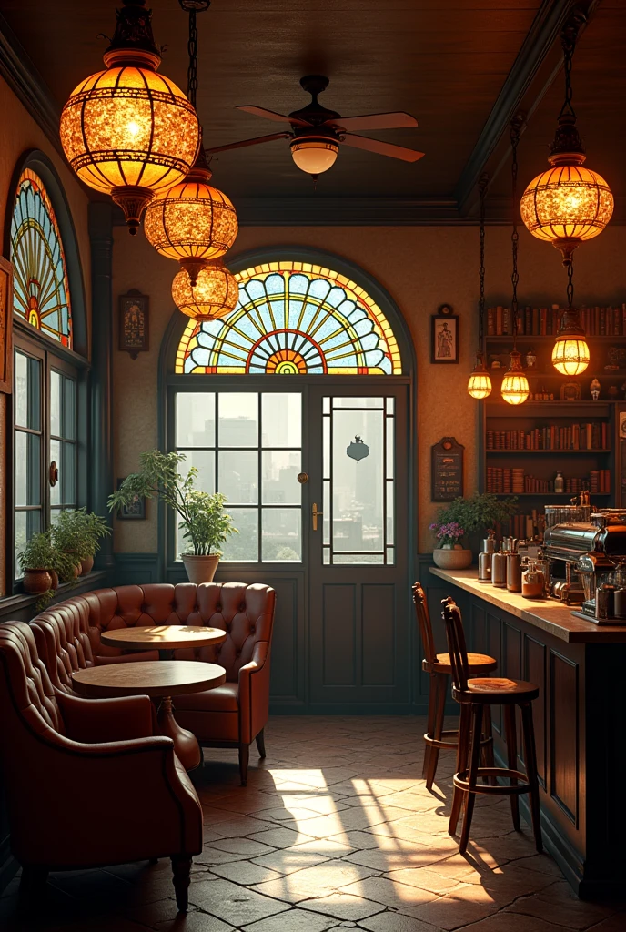 Interior of a retro coffee shop with stained glass lights