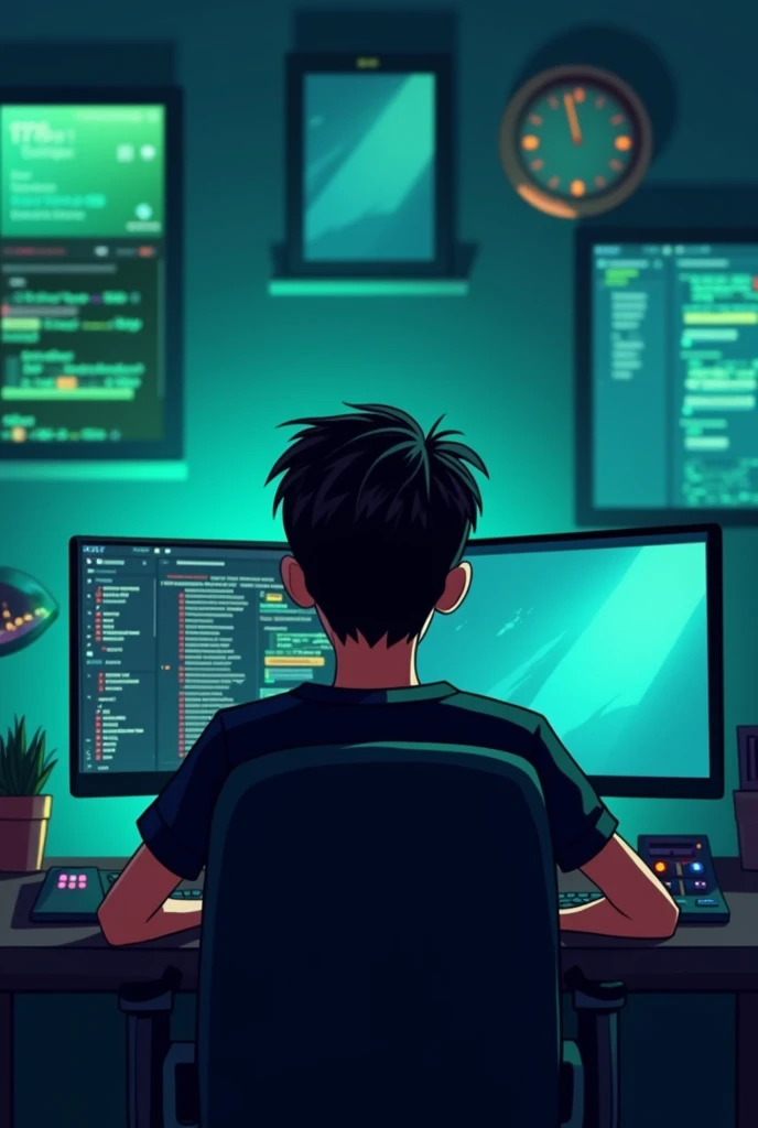 I want a background with screens and green and blue LED lights and in the middle there is an 18-year-old boy with a black t-shirt sitting in a desk chair with his back to the screens in a 1024 cartoon style. * 576 pixels in size