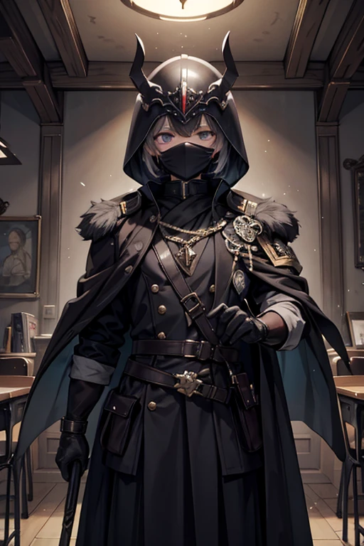 masterpiece,best quality,super detailed,super fine illustration,8k,English Teacher,class room,Gus Mask,Helmet,black coat,apocalypse world,E Armband