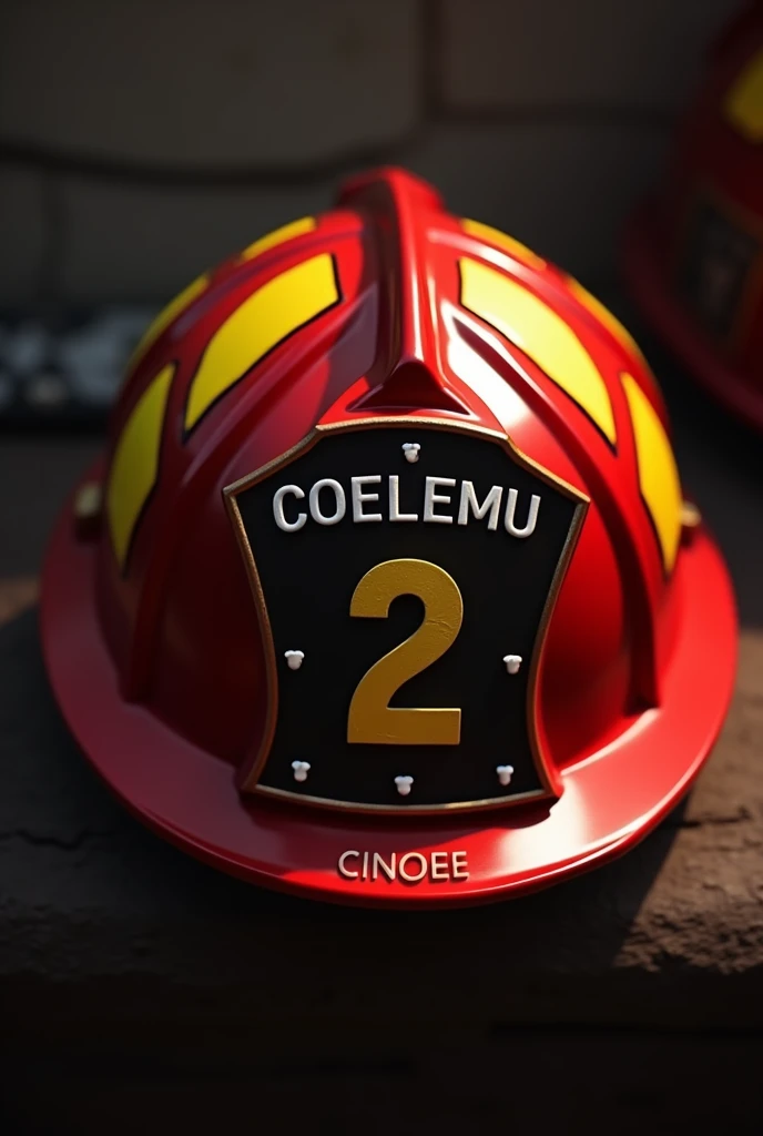 Firefighter helmet with the number 2 and that says coelemu