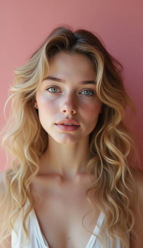hyper-detailed frontal portrait of a pretty woman with blond long curly hair, art Greg Rutkowskicolor,Anna Dittman, Daniel F Gerhartz, Jean Baptiste Monge,pencil sketch, by Agnes Cecile, cute, vanilla-girl, beautiful princess big eyes, highly detailed face, digital art, impressionism, deep gaze, best composition, vintage aesthetic, simple pink studio background, soft, matte colors, photorealistic, front-viewing, looking into camera