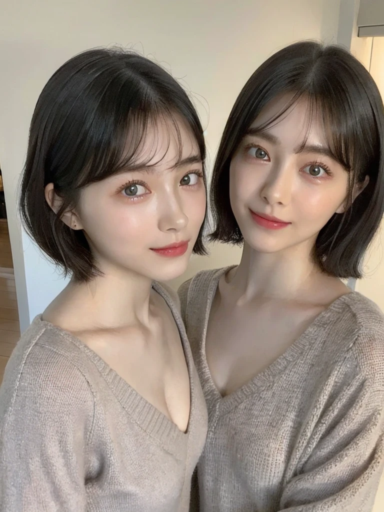 (masterpiece:1.3), (8k, Photoreal, Raw photo, best image quality: 1.4), Japanese high school girl、(random hairstyle:1.2)、cleavage:1.5、super detail face、eye for details、double eyelid、chest to chest、sharp focus:1.2、Beautiful woman:1.4、light brown hair、highest quality、masterpiece、超A high resolution、(Photoreal:1.4)、Highly detailed and professionally lit smiles、loose and light knitwear、shoulder out、thin、serious expression、short haired、deadly position
similar identical twins
All the girls have the exact same face, The two have the same face and figure, as if they were mirror images.