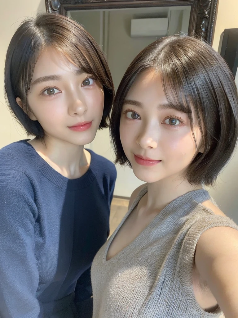 (masterpiece:1.3), (8k, Photoreal, Raw photo, best image quality: 1.4), Japanese high school girl、(random hairstyle:1.2)、cleavage:1.5、super detail face、eye for details、double eyelid、chest to chest、sharp focus:1.2、Beautiful woman:1.4、light brown hair、highest quality、masterpiece、超A high resolution、(Photoreal:1.4)、Highly detailed and professionally lit smiles、loose and light knitwear、shoulder out、thin、serious expression、short haired、deadly position
similar identical twins
All the girls have the exact same face, The two have the same face and figure, as if they were mirror images.