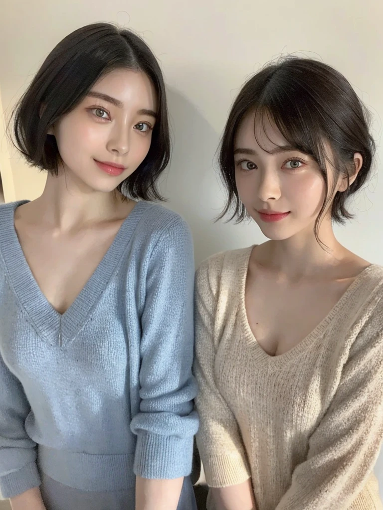 (masterpiece:1.3), (8k, Photoreal, Raw photo, best image quality: 1.4), Japanese high school girl、(random hairstyle:1.2)、cleavage:1.5、super detail face、eye for details、double eyelid、chest to chest、sharp focus:1.2、Beautiful woman:1.4、light brown hair、highest quality、masterpiece、超A high resolution、(Photoreal:1.4)、Highly detailed and professionally lit smiles、loose and light knitwear、shoulder out、thin、serious expression、short haired、deadly position
similar identical twins
All the girls have the exact same face, The two have the same face and figure, as if they were mirror images.
