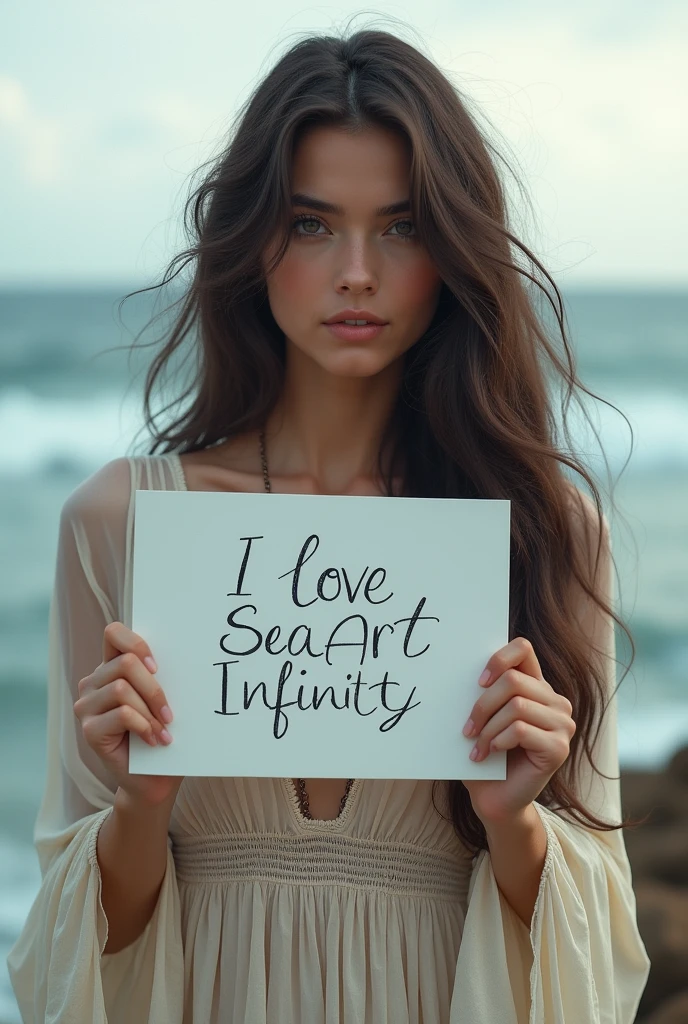 Beautiful girl with wavy long hair, bohemian dress, holding a white board with text "I Love Seaart Infinity" and showing it to the viewer