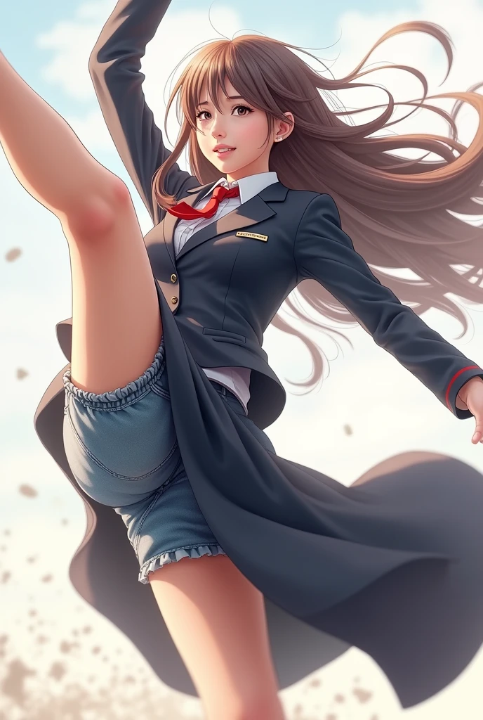 High Kick uniform girl Long Skirt Long Hair Denim shorts under the skirt