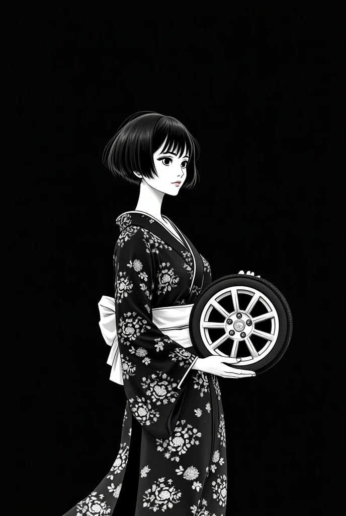 A drawing drawn with only a white pen on a black background. Only black and white, no grey. A woman in a kimono holding a single car wheel. Anime-like.
Hair length Bob Wheels sits at Longchamp