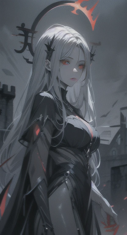 Grey skin, blood halo, Goddess, rare, cursed maiden, goddess armor, beautiful woman, long silver hair, red glowing eyes, grey skin, black wings, castle ruins,