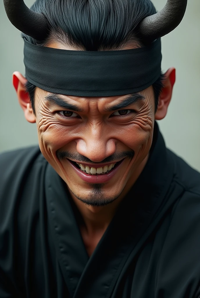 character , Chinese male , wearing Kung Fu suite , close face , wearing eye band , clothe color black , realistic, 4 k , with devil smile 