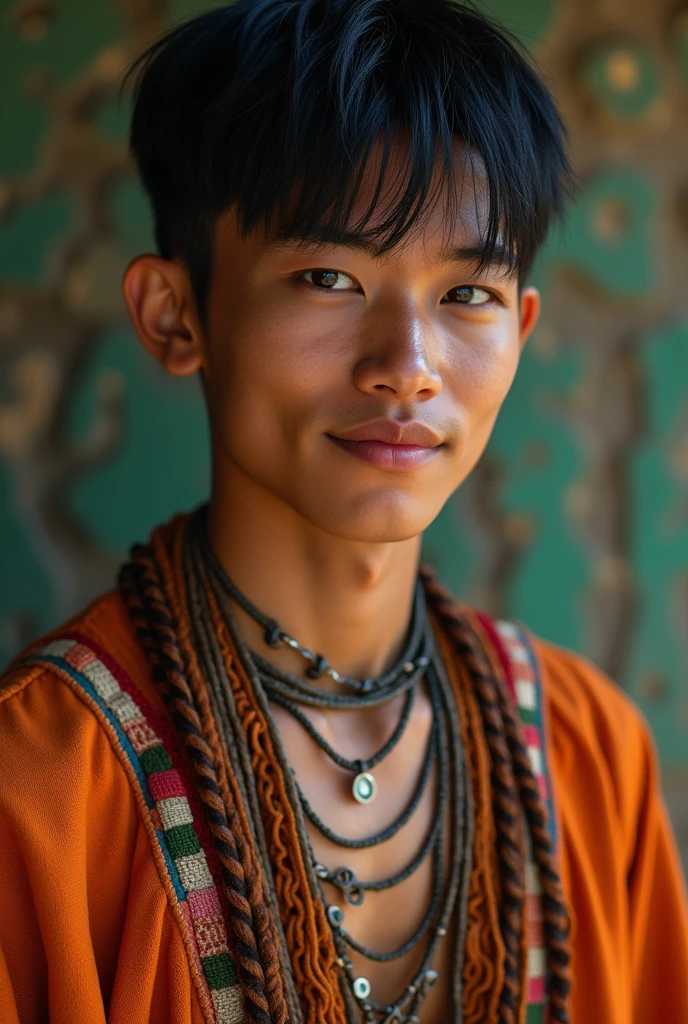 kor: age 25, Adult Height: 1,89 Physical constitution: Scrawny, but with defined muscles Skin color: offwhite, with Spanish strokes, smooth skin Eyes: black eyes, expressive and captivating Hair: black hair, straight and short of the 20th century.
fleshy and red mouth, beautiful smile.
indigenous clothing. Corpo inteiro
Masterpiece, 8k, painting-like, photo by full body, handsome man.