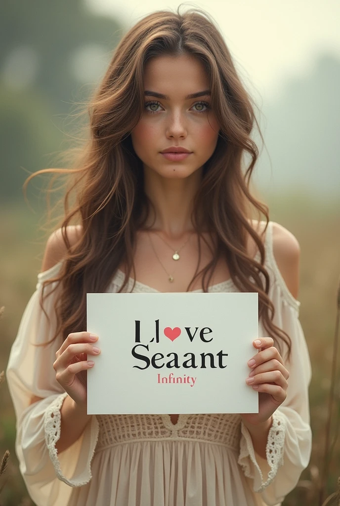 Beautiful girl with wavy long hair, bohemian dress, holding a white board with text "I Love Seaart Infinity" and showing it to the viewer